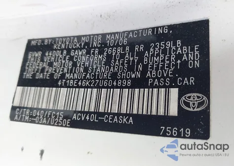 2007 Toyota Camry Se z USA, uszkodzony, nr VIN 4T1BE46K27U604898